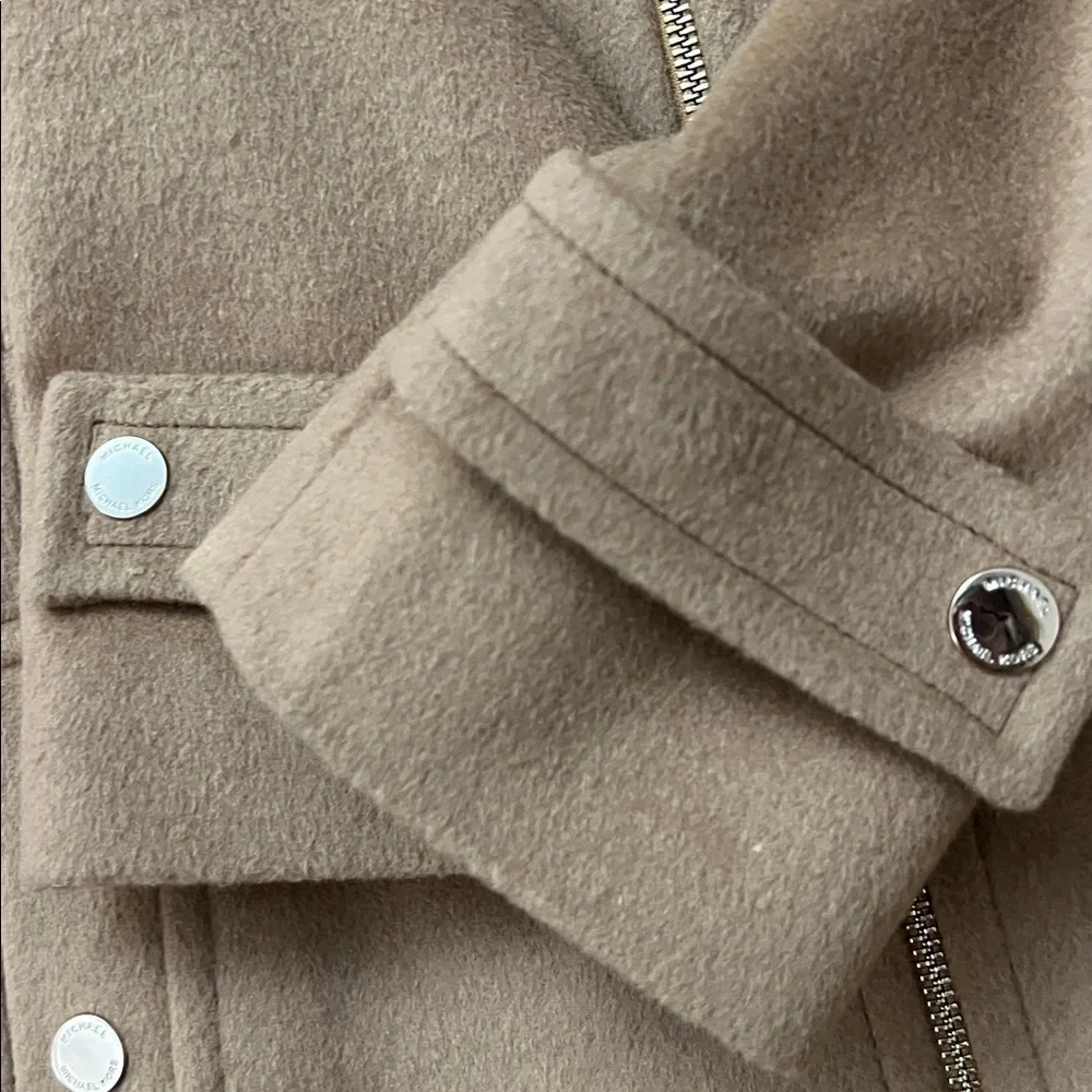 Michael Kors Wool Women's Hooded-Stand Collar Zip-Front Coat Camel Brown Size L